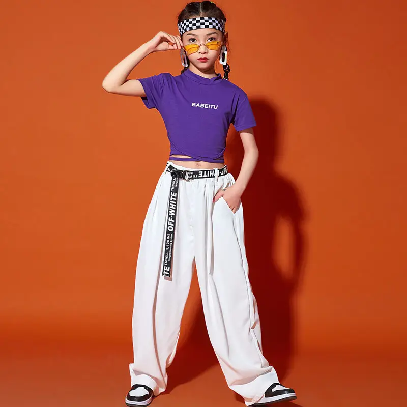Girls Red T-shirt Tie-Back Hip Hop Performance Suit - Image 44