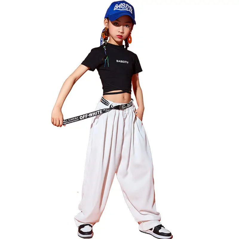 Girls Red T-shirt Tie-Back Hip Hop Performance Suit - Image 45
