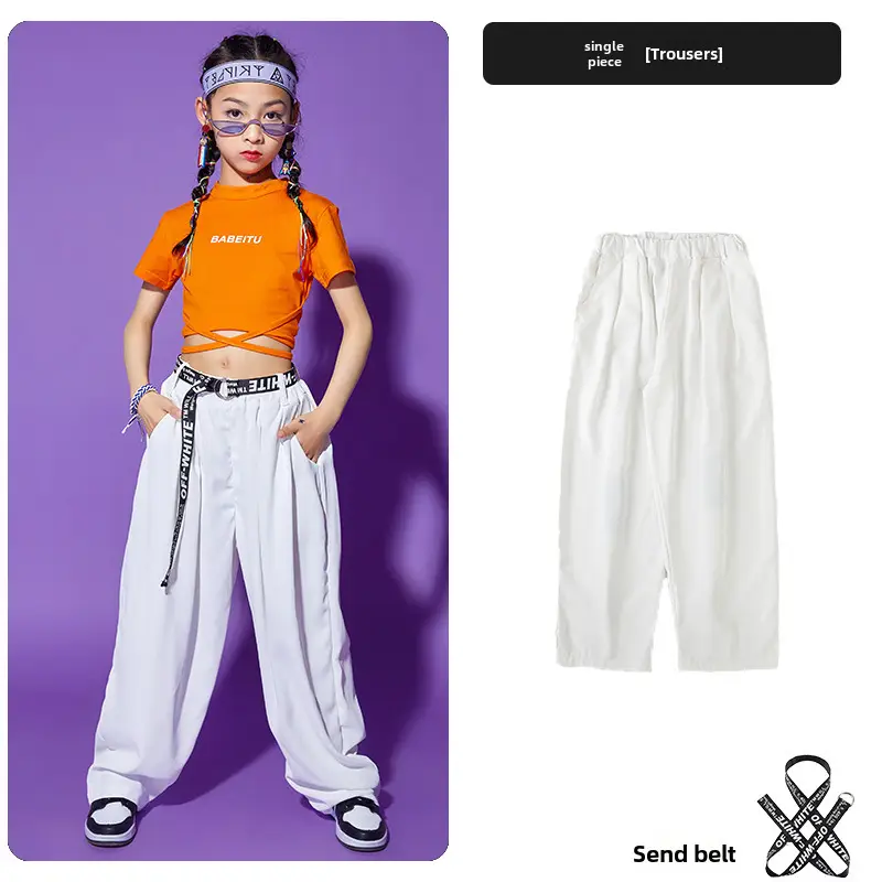 Girls Red T-shirt Tie-Back Hip Hop Performance Suit - Image 12