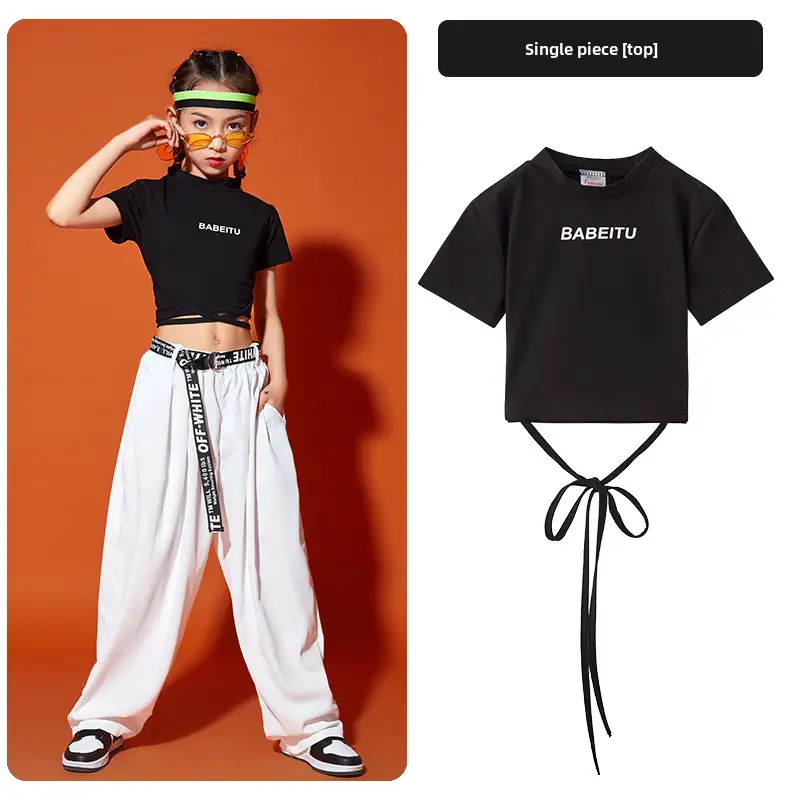 Girls Red T-shirt Tie-Back Hip Hop Performance Suit - Image 18