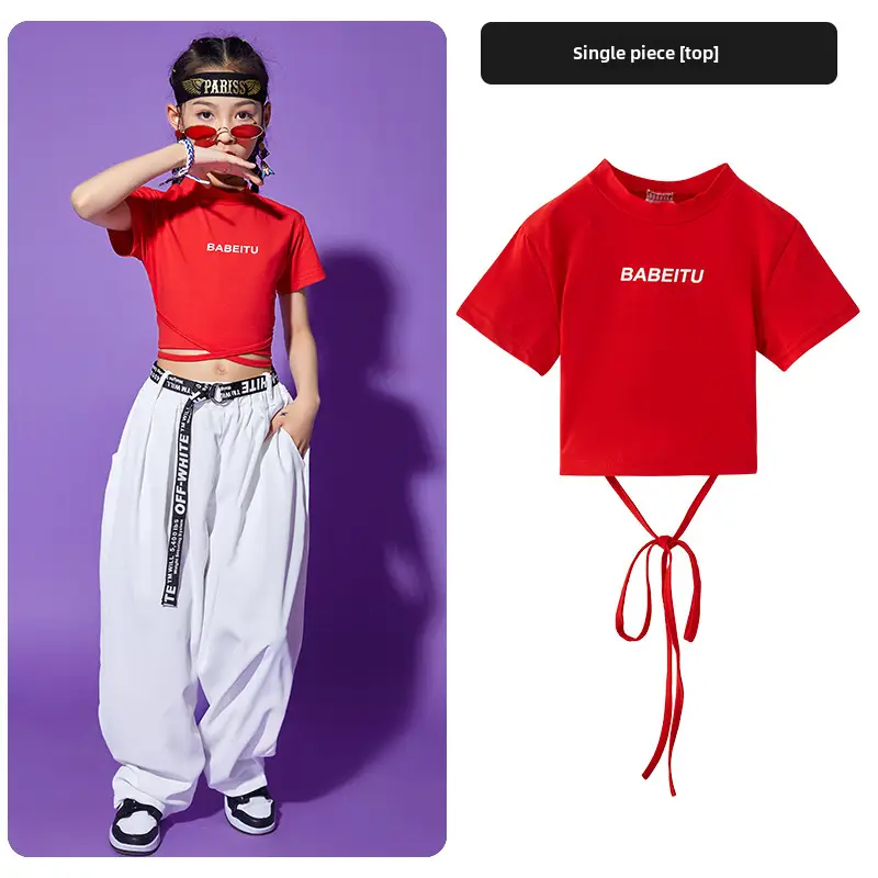 Girls Red T-shirt Tie-Back Hip Hop Performance Suit - Image 27