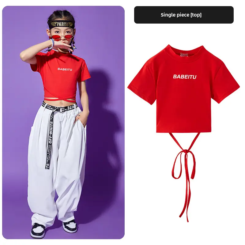 Girls Red T-shirt Tie-Back Hip Hop Performance Suit - Image 29