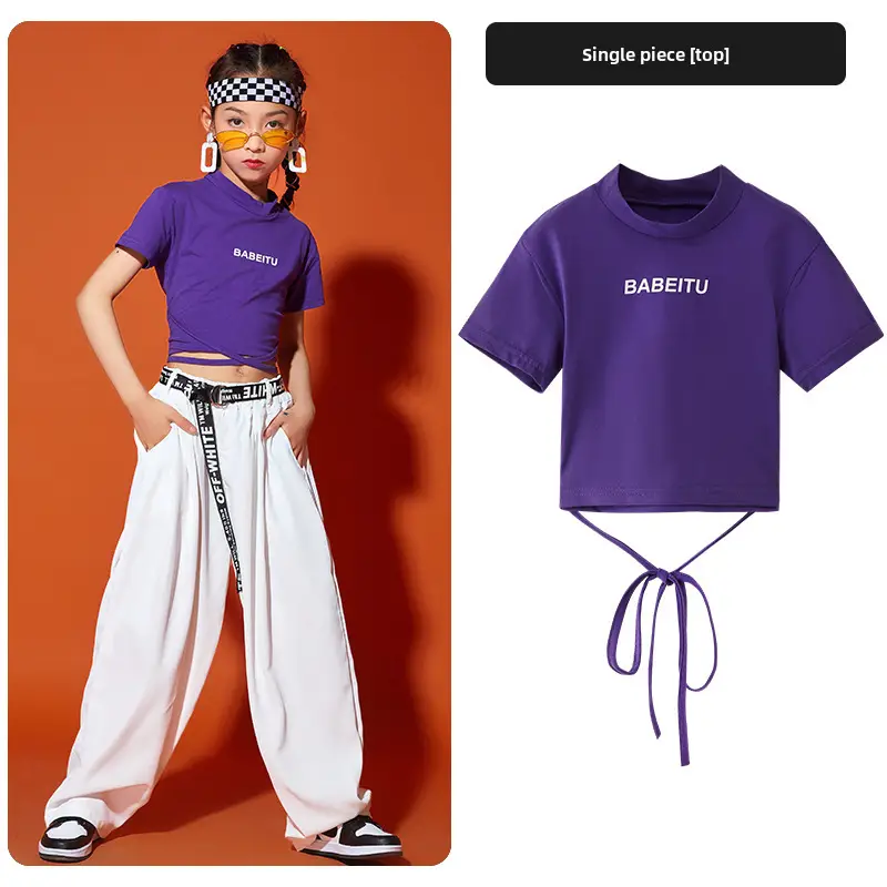 Girls Red T-shirt Tie-Back Hip Hop Performance Suit - Image 35