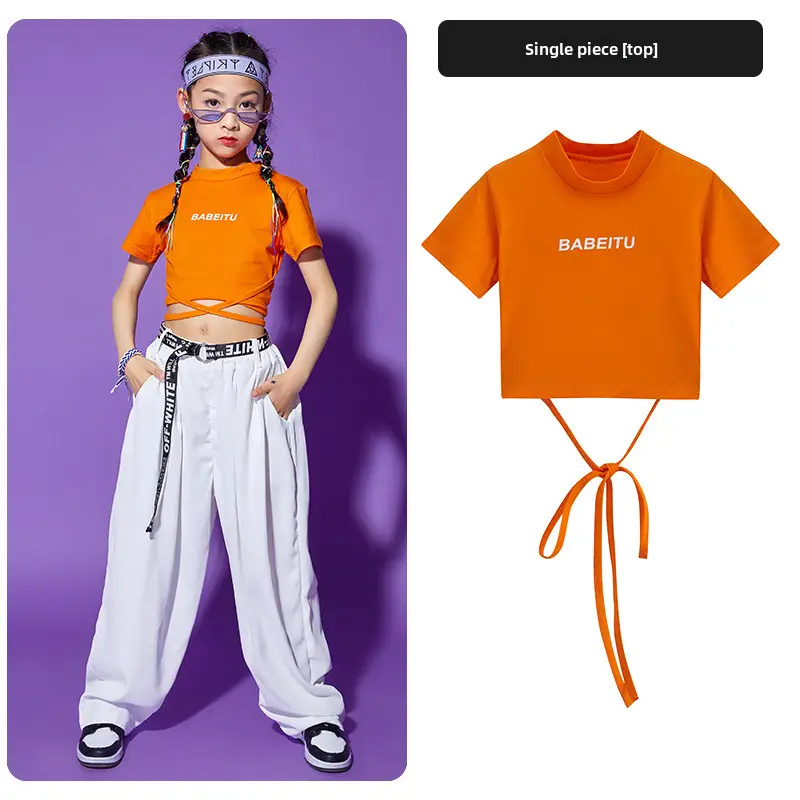 Girls Red T-shirt Tie-Back Hip Hop Performance Suit - Image 5