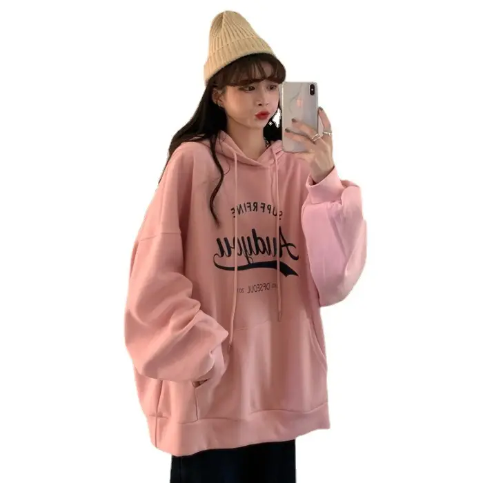 Fleece Hooded Sweatshirt White Printed Loose Fit - Image 9