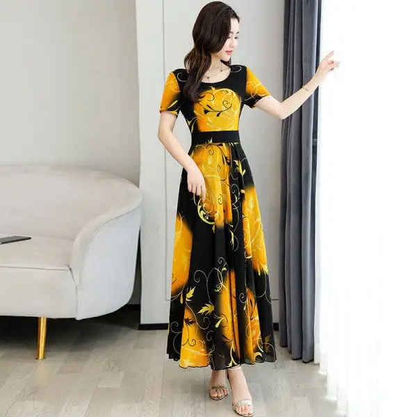 2026 Plus Size Printed Patchwork Dress Black Gold - Image 8