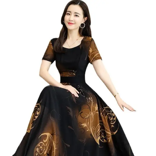 2026 Plus Size Printed Patchwork Dress Black Gold - Image 9