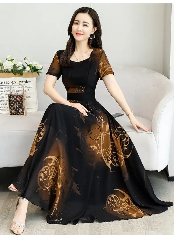 2026 Plus Size Printed Patchwork Dress Black Gold — feature 6