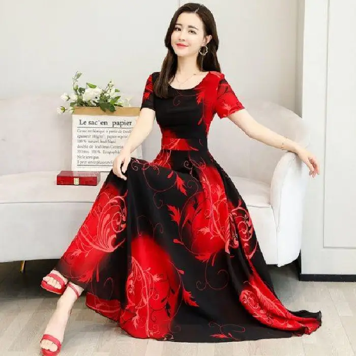 2026 Plus Size Printed Patchwork Dress Black Gold - Image 2