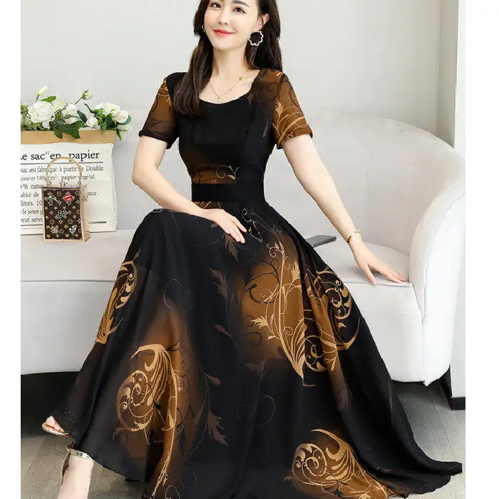 2026 Plus Size Printed Patchwork Dress Black Gold - Image 4