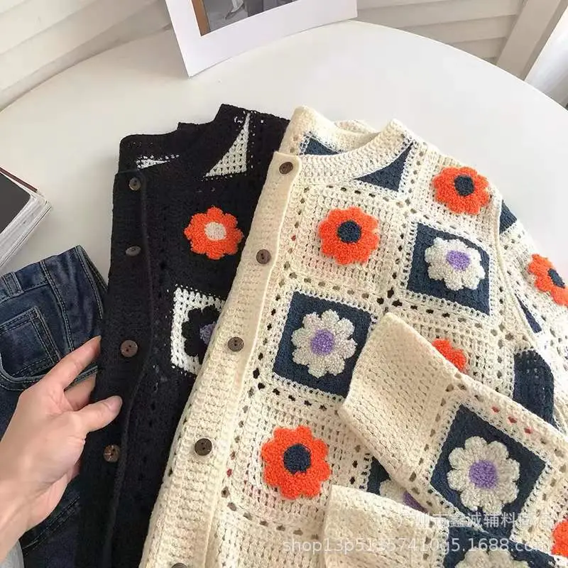 Women's Knitted Flower Cardigan Blue Round Neck Short - Image 12