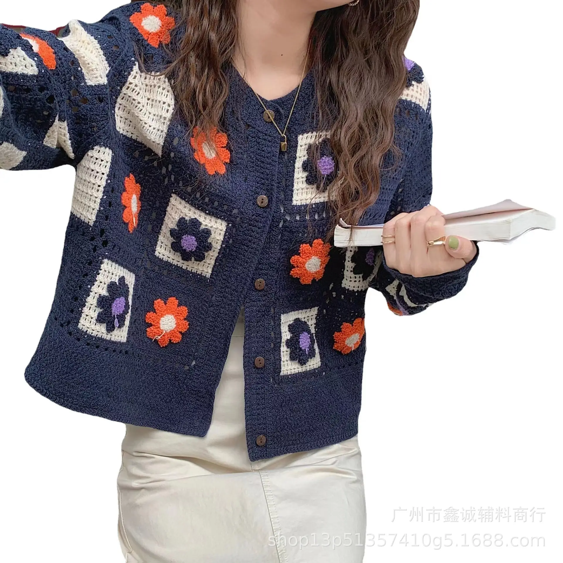 Women's Knitted Flower Cardigan Blue Round Neck Short - Image 13