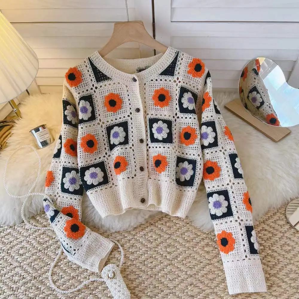 Women's Knitted Flower Cardigan Blue Round Neck Short - Image 2