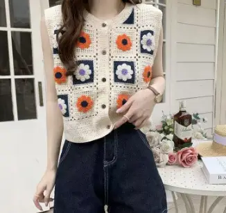 Women's Knitted Flower Cardigan Blue Round Neck Short - Image 8