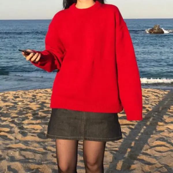 Red Long Sleeve Knitted Women's Shirt 2025 Spring Fall - Image 3