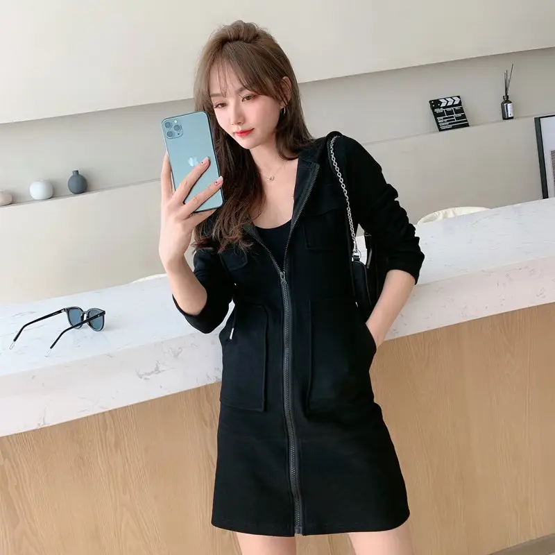 Korean Style Grey Hooded Zipper Dress for Women - Image 2