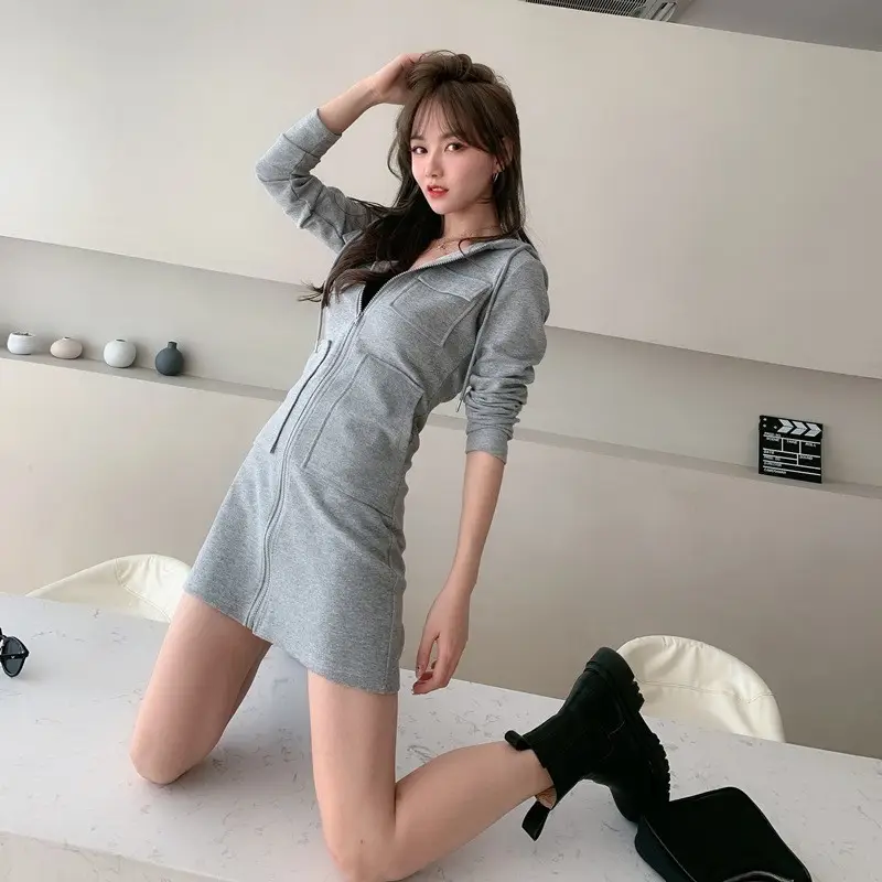 Korean Style Grey Hooded Zipper Dress for Women - Image 4