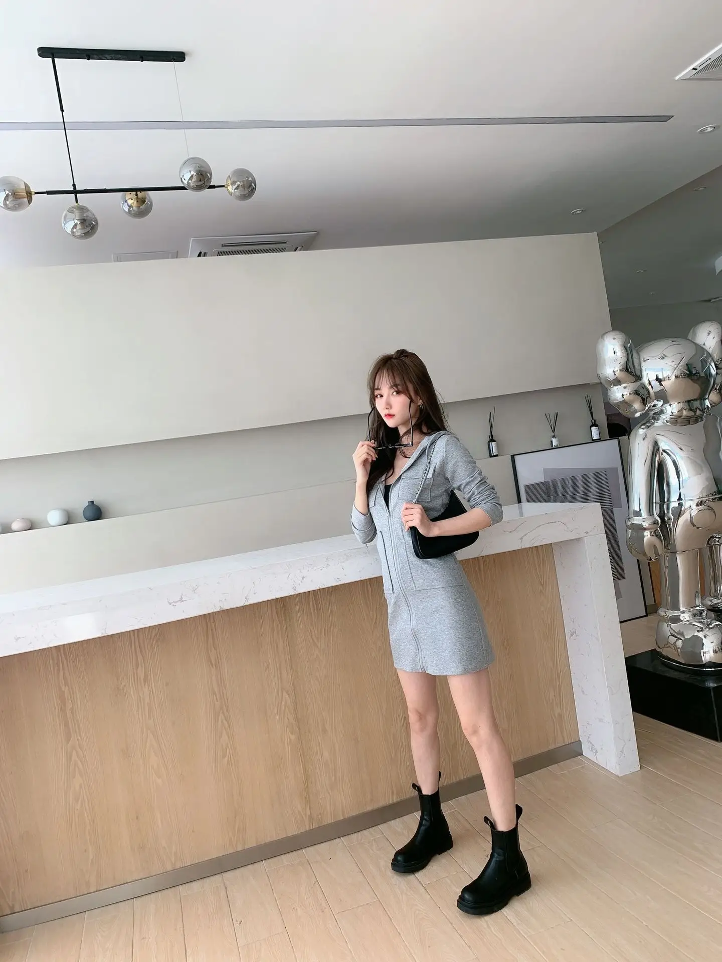 Korean Style Grey Hooded Zipper Dress for Women — feature 10