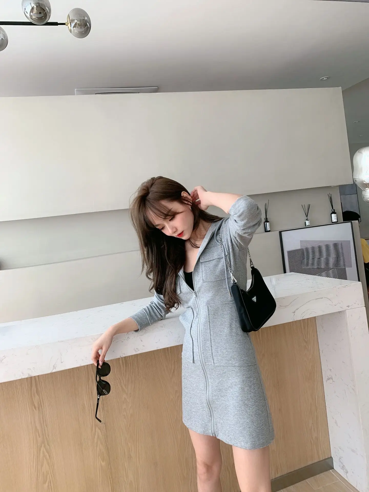 Korean Style Grey Hooded Zipper Dress for Women — feature 12