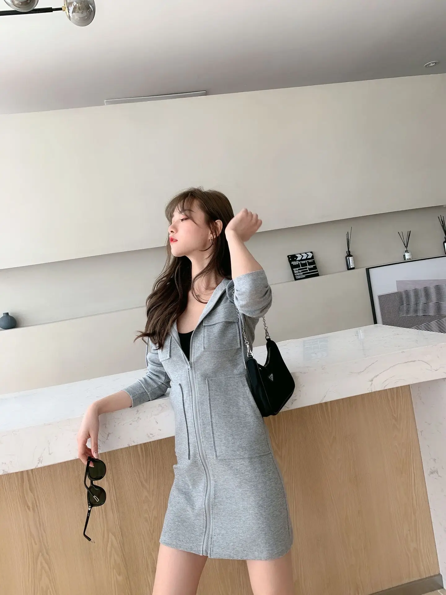 Korean Style Grey Hooded Zipper Dress for Women — feature 15
