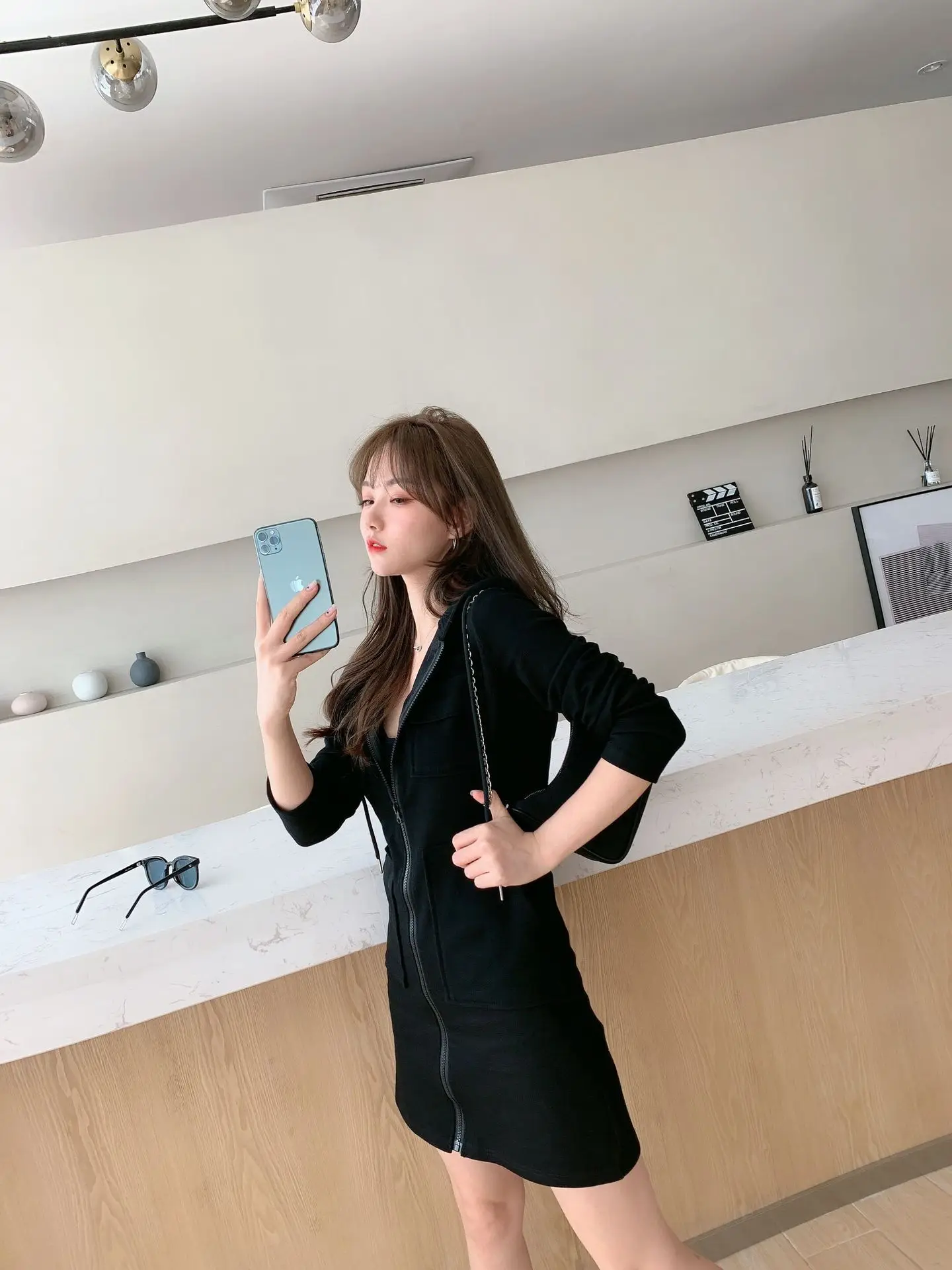 Korean Style Grey Hooded Zipper Dress for Women — feature 2