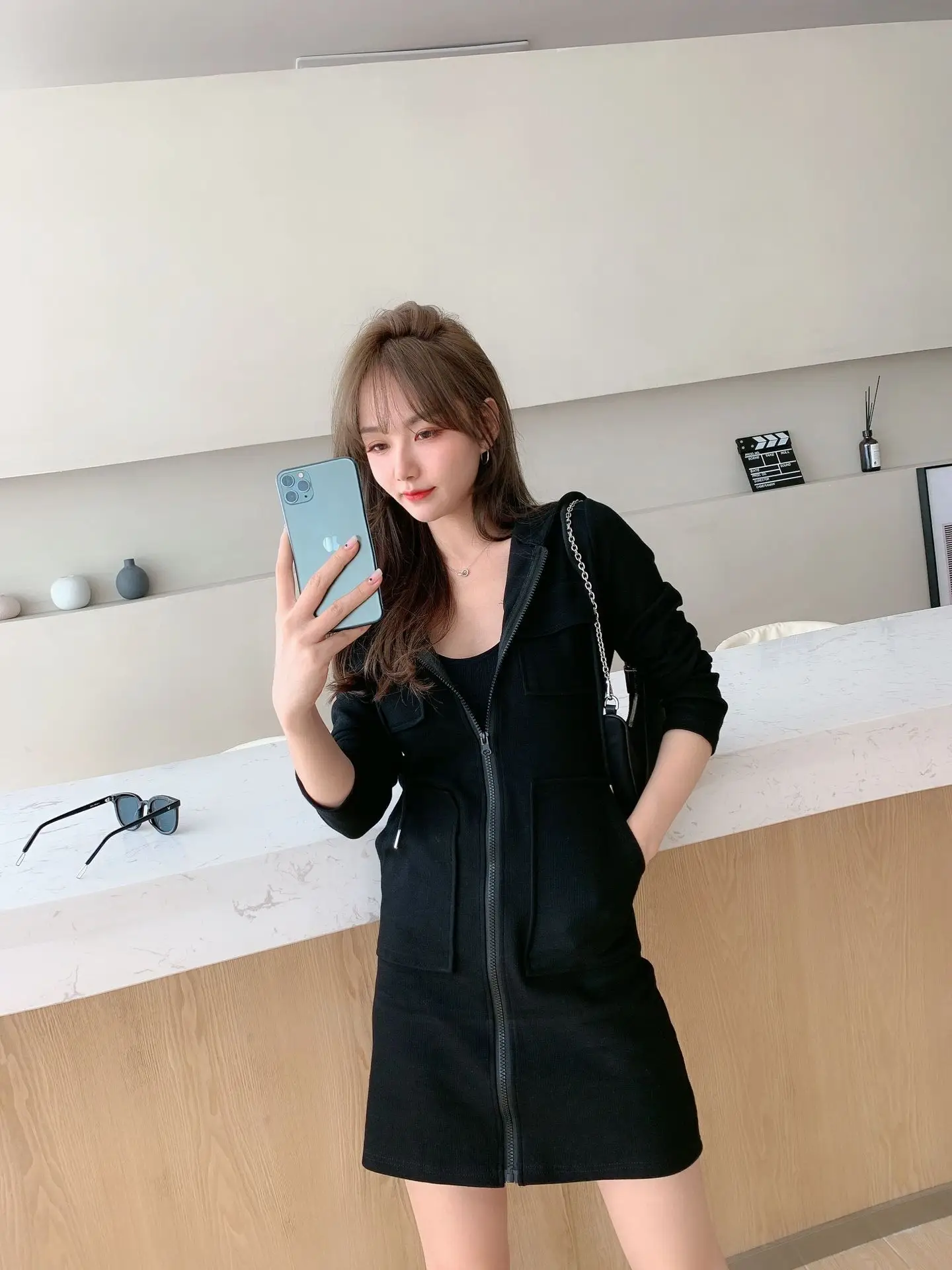Korean Style Grey Hooded Zipper Dress for Women — feature 3