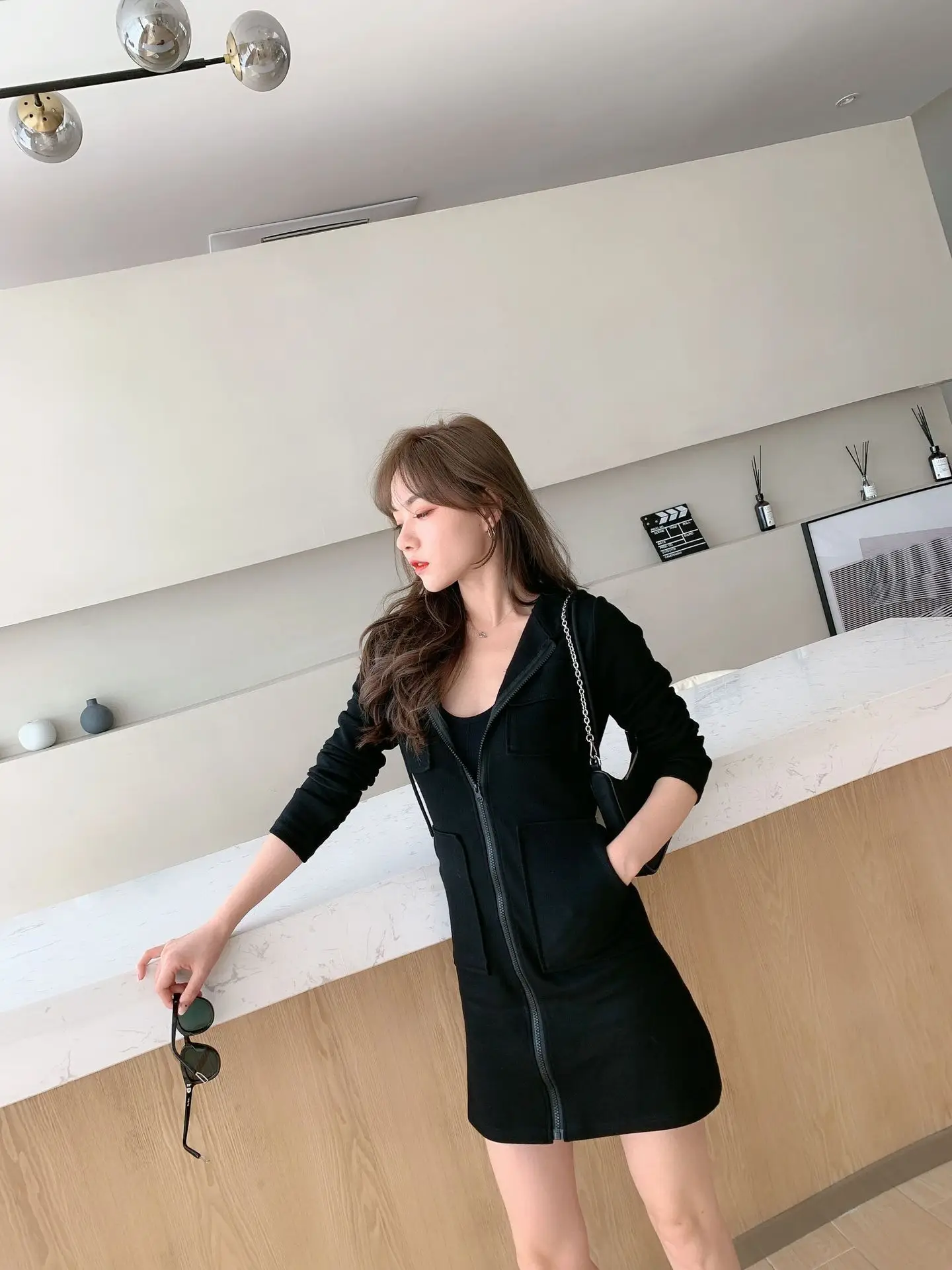 Korean Style Grey Hooded Zipper Dress for Women — feature 4