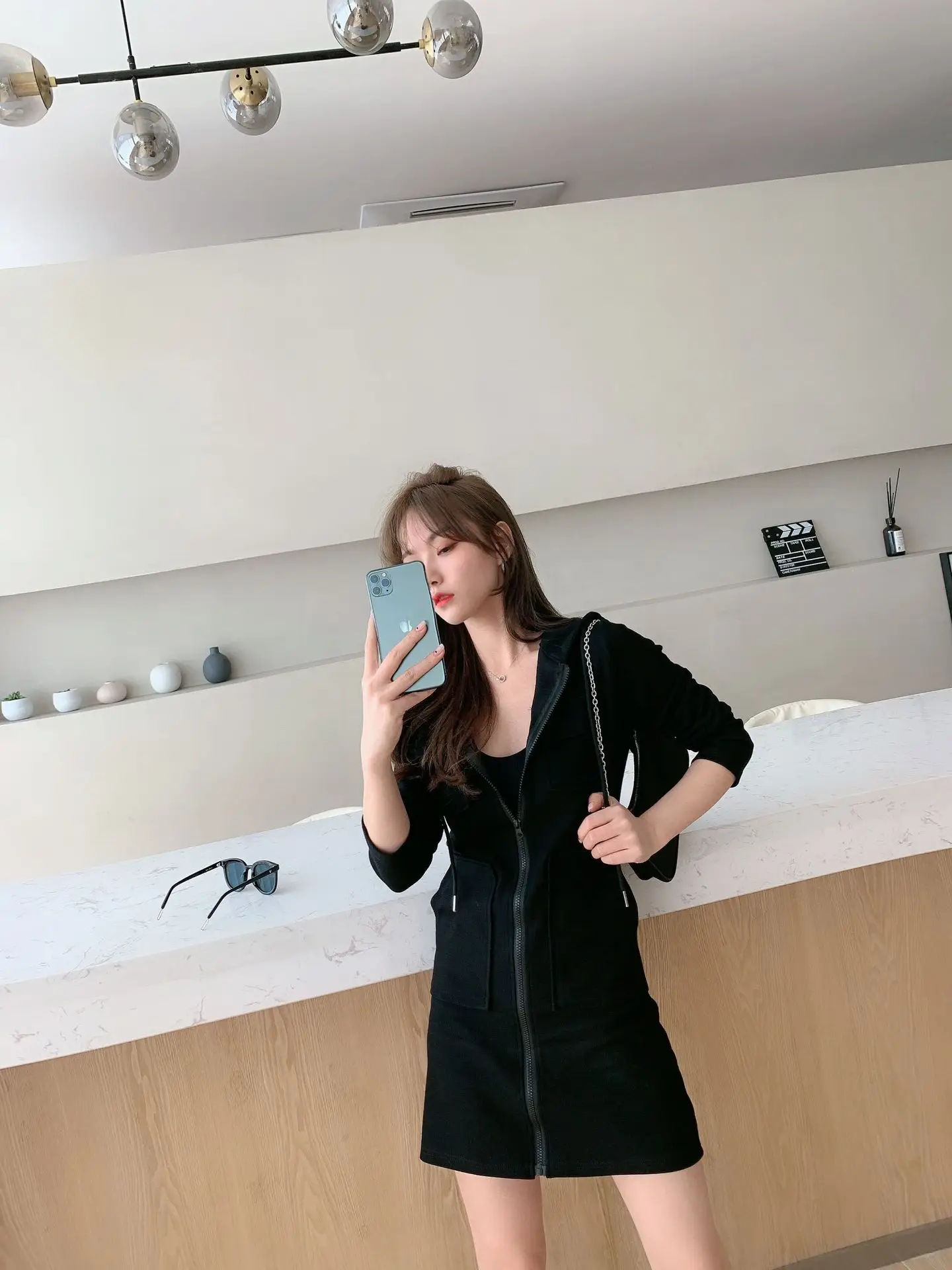 Korean Style Grey Hooded Zipper Dress for Women — feature 5
