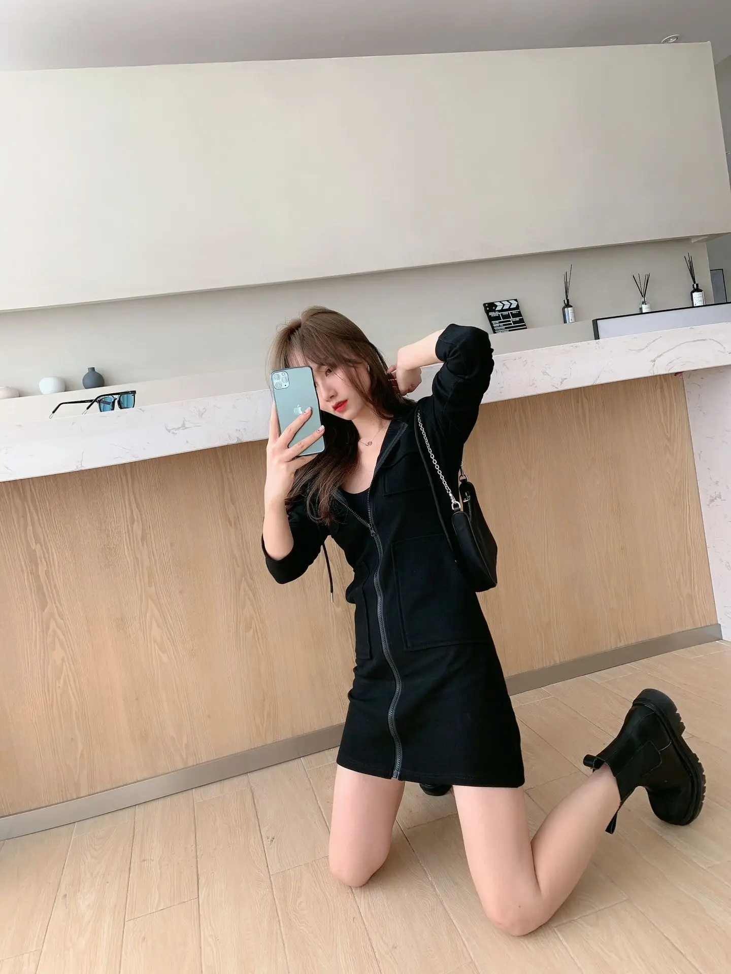Korean Style Grey Hooded Zipper Dress for Women — feature 6