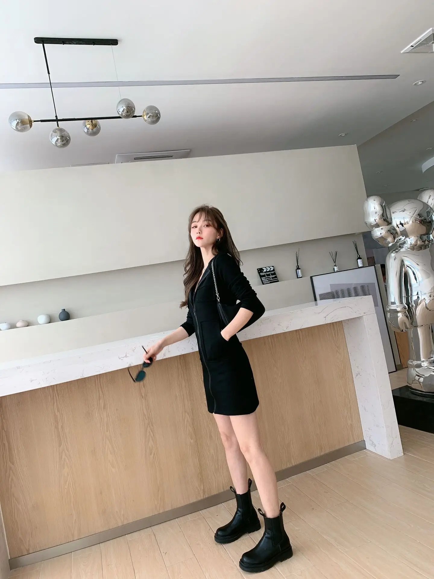 Korean Style Grey Hooded Zipper Dress for Women — feature 7