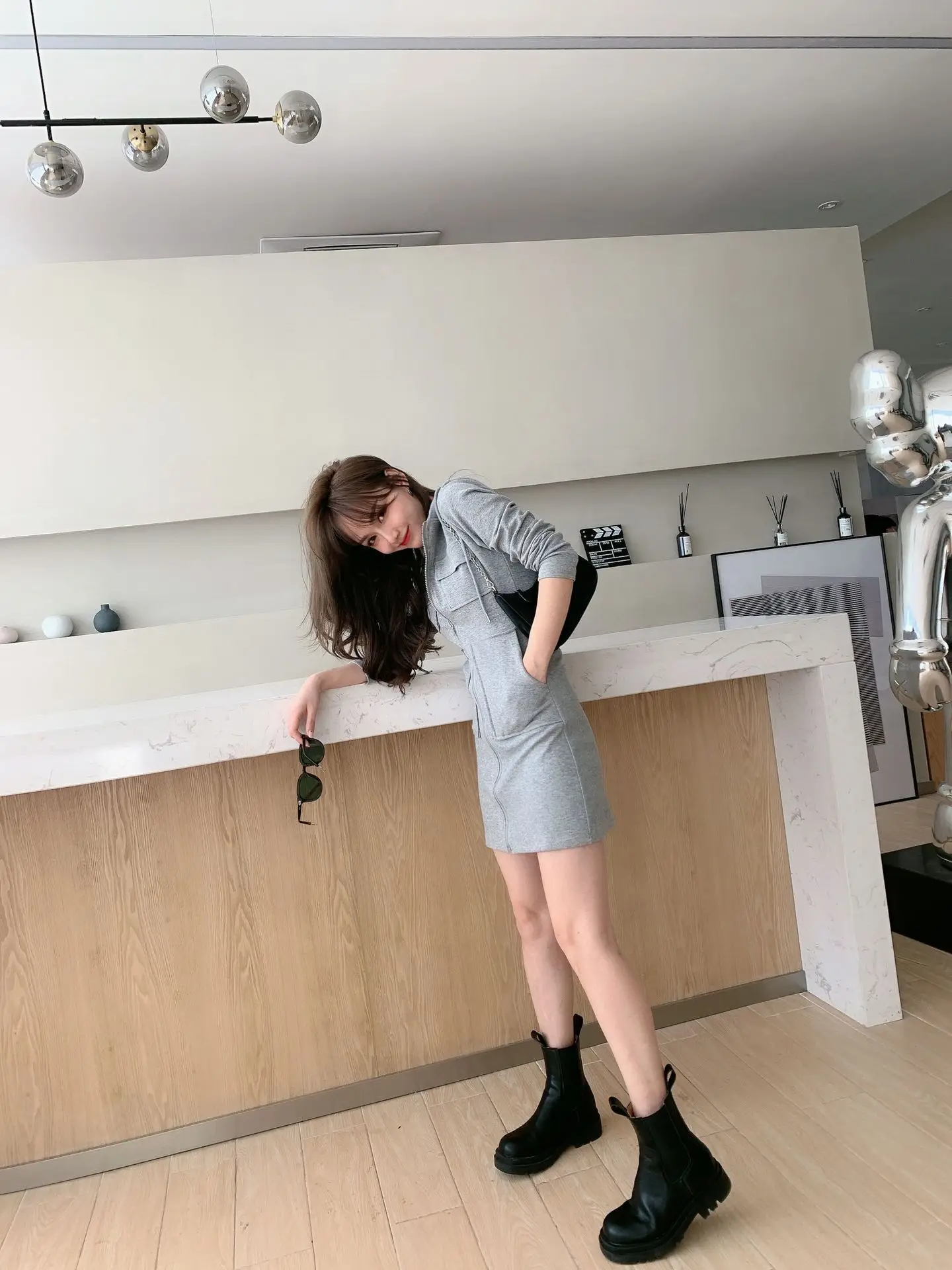 Korean Style Grey Hooded Zipper Dress for Women — feature 8
