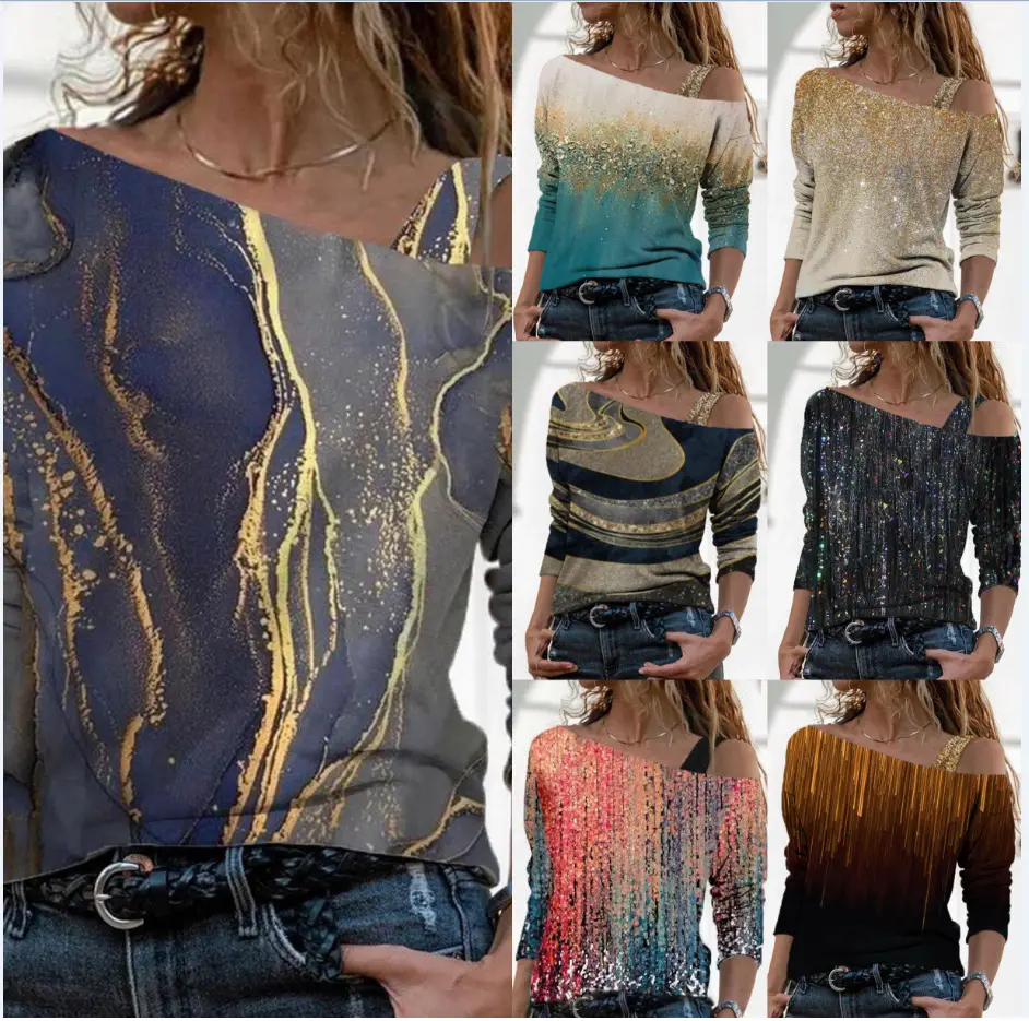 Off-shoulder shiny marble print top for women - Image 8
