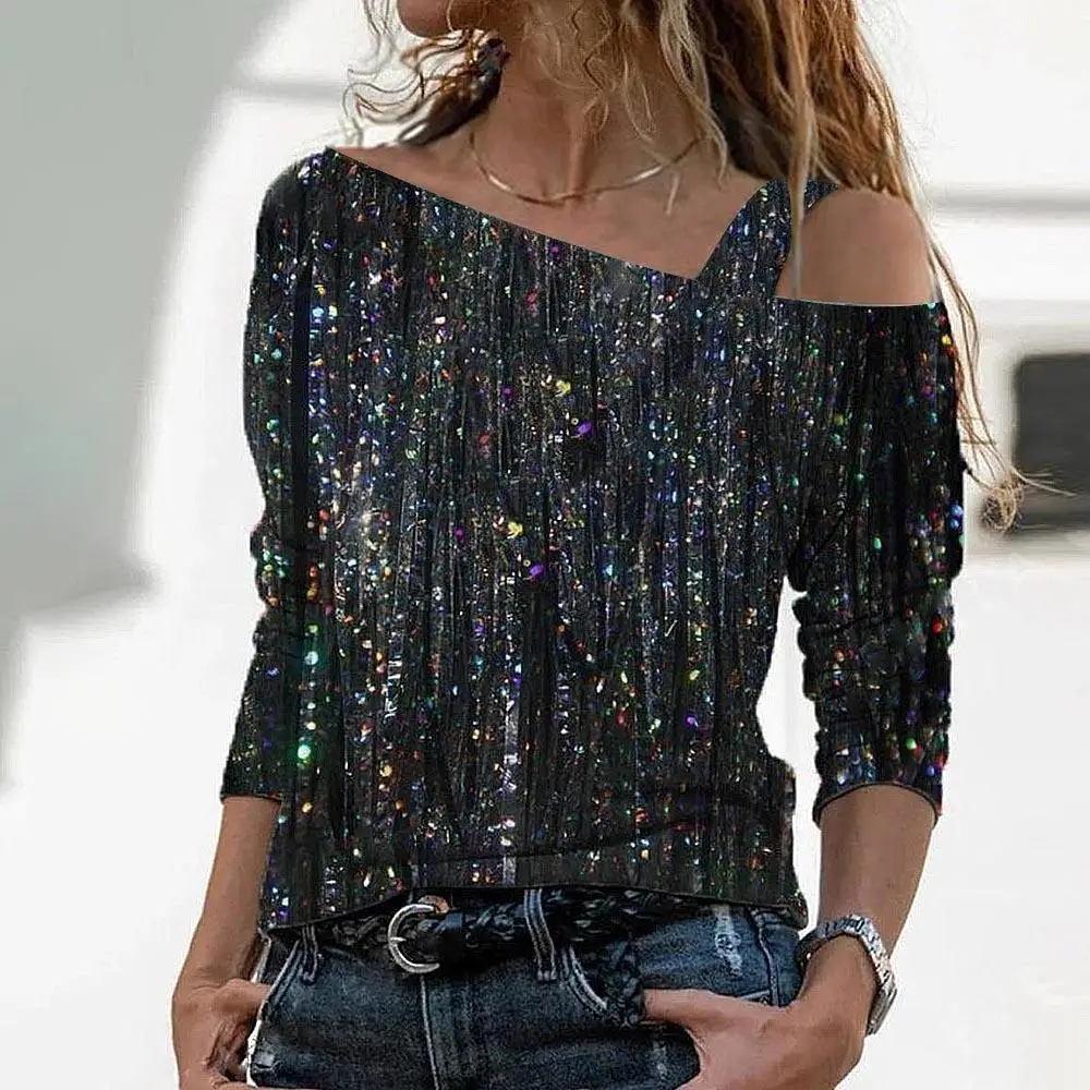 Off-shoulder shiny marble print top for women - Image 12