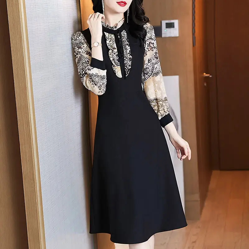 Black Long Sleeve Ruffled Dress for Women Mid-Length - Image 2
