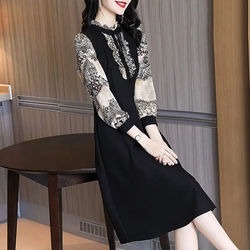 Black Long Sleeve Ruffled Dress for Women Mid-Length - Image 3