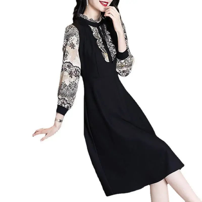 Black Long Sleeve Ruffled Dress for Women Mid-Length - Image 6