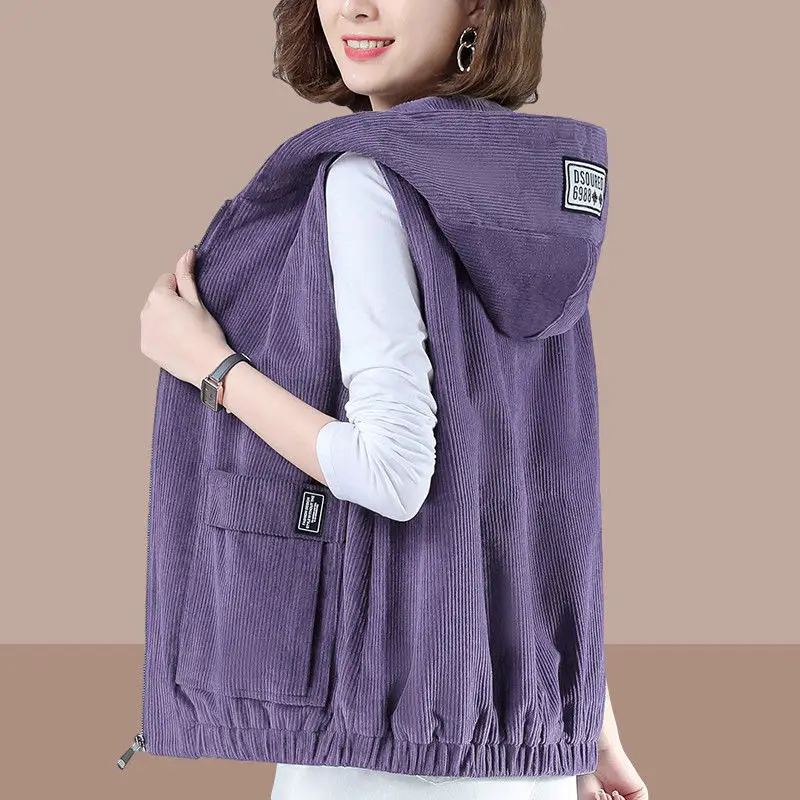 Women Blue Zip Hood Vest Plus Size 2023