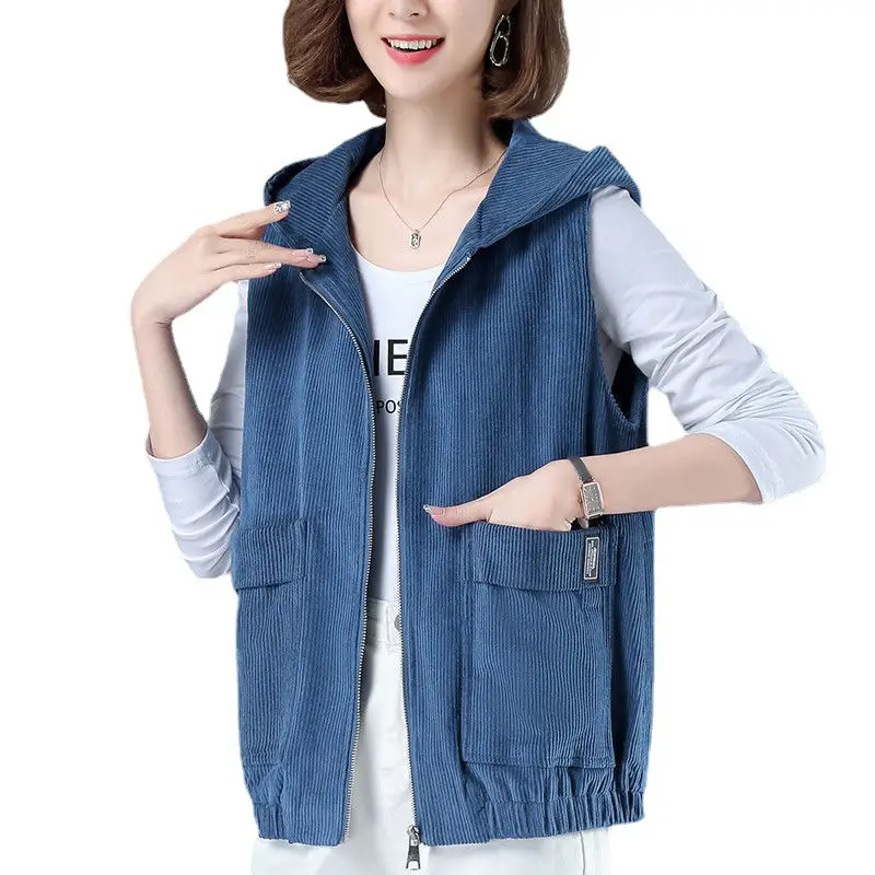Women Blue Zip Hood Vest Plus Size 2023