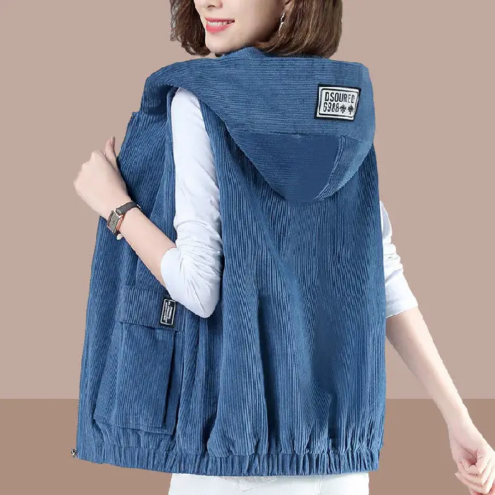 Women Blue Zip Hood Vest Plus Size 2023