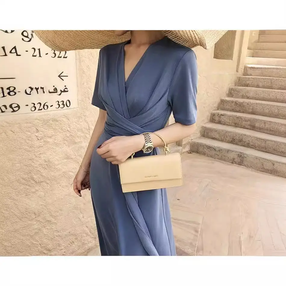 Women French Retro Dress V-Neck Mid Length Grey - Image 6