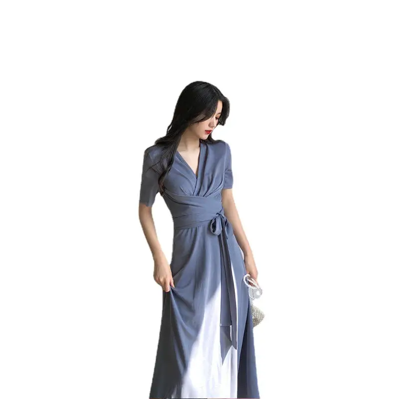 Women French Retro Dress V-Neck Mid Length Grey - Image 9