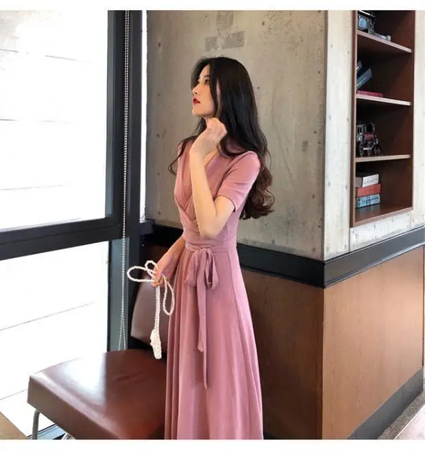 Women French Retro Dress V-Neck Mid Length Grey — feature 11