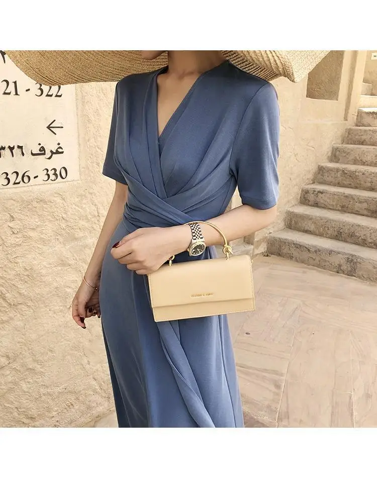 Women French Retro Dress V-Neck Mid Length Grey — feature 4