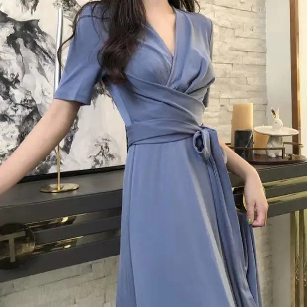 Women French Retro Dress V-Neck Mid Length Grey — feature 7