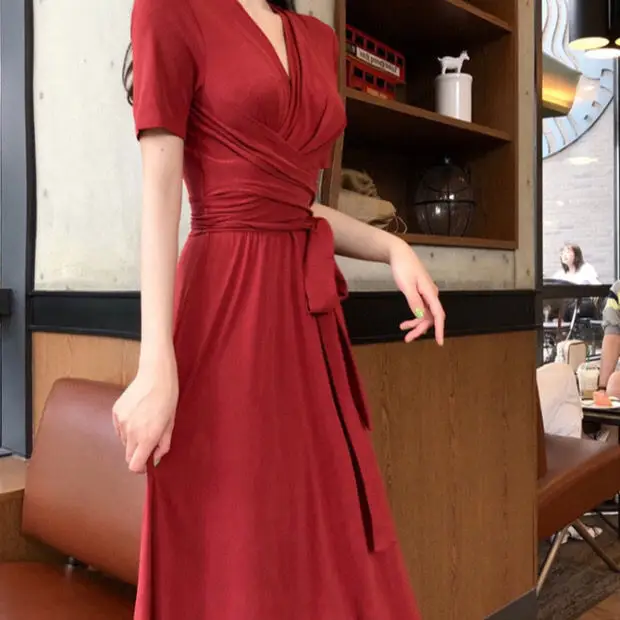 Women French Retro Dress V-Neck Mid Length Grey — feature 8