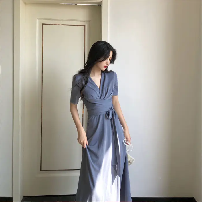 Women French Retro Dress V-Neck Mid Length Grey - Image 4
