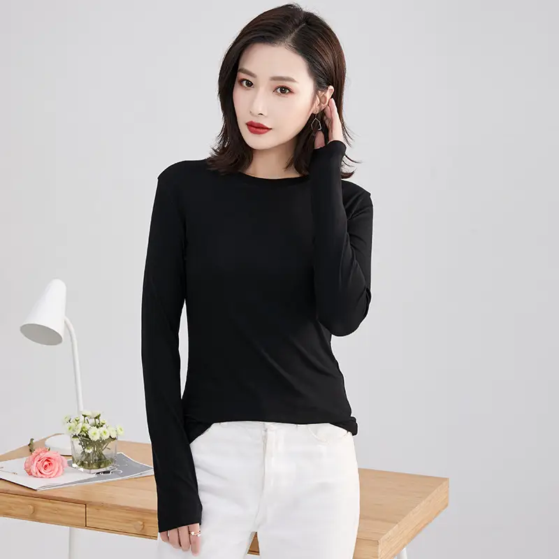 Women Black Long Sleeve Round Neck T-Shirt - Image 7