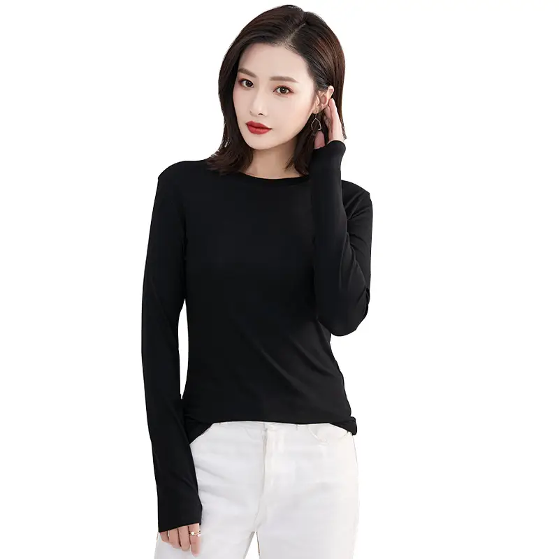 Women Black Long Sleeve Round Neck T-Shirt - Image 11