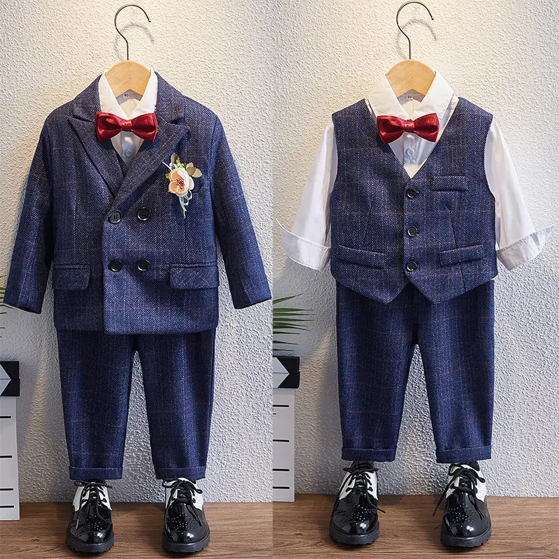 Blue Embroidered Boys Suit with Bow & Scarf