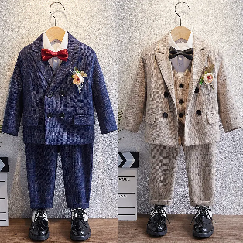 Blue Embroidered Boys Suit with Bow & Scarf